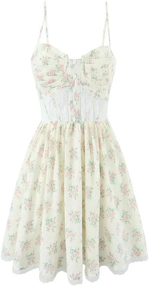 Mini Dress for Women Lace Floral Print Backless A-Line Holiday Patchwork Dresses Party Robe