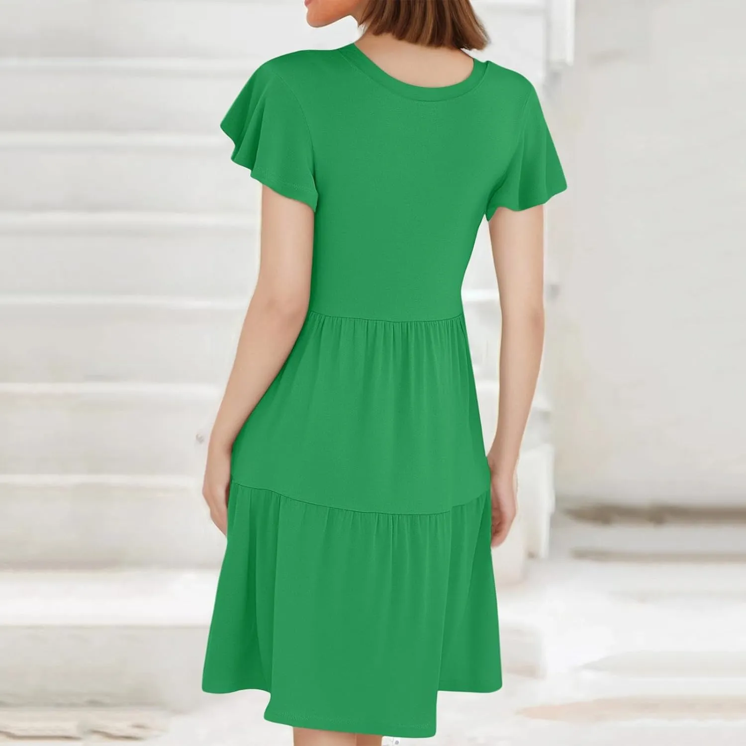 Mini Dresses for Women Tiered Crewneck Ruffle Short Sleeve Dress Summer Casual Loose Fit Beach Vacation Dresses