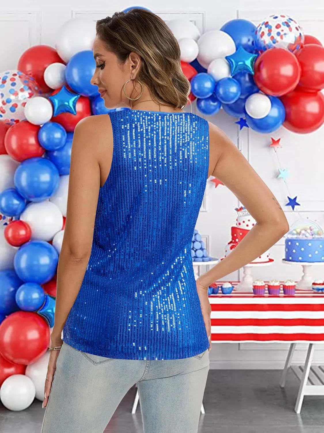 MNLYBABY USA Sequin Tank Top Woman 4th of July Shirts American Flag Sleeveless USA Stars Full Sequin Patriotic V Neck Vest
