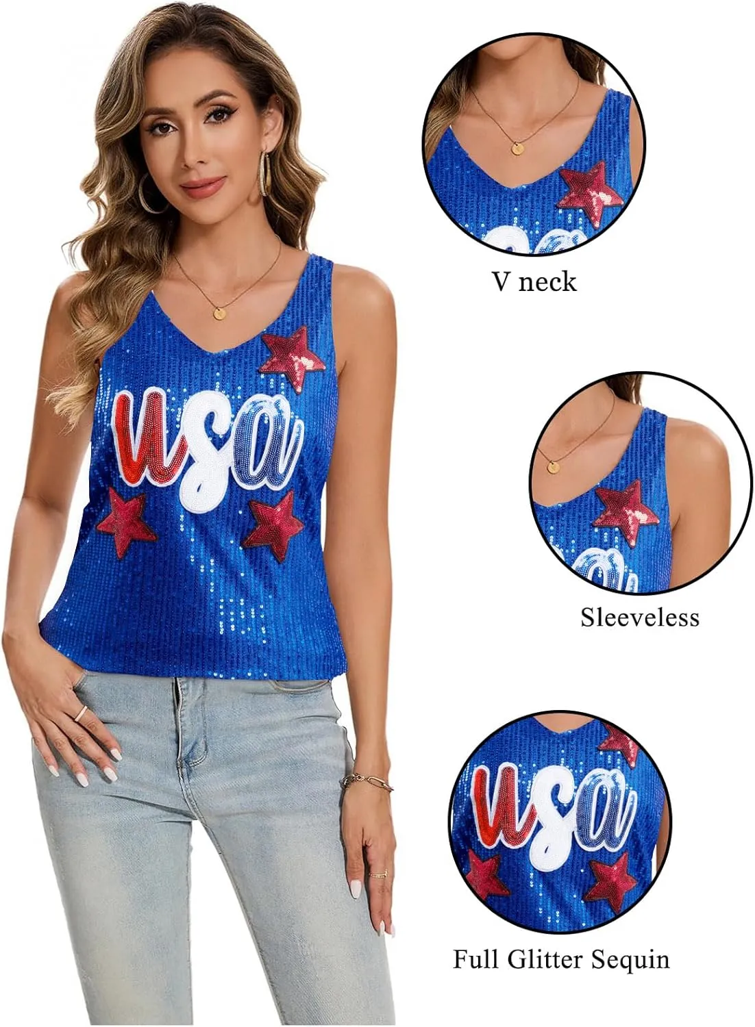 MNLYBABY USA Sequin Tank Top Woman 4th of July Shirts American Flag Sleeveless USA Stars Full Sequin Patriotic V Neck Vest