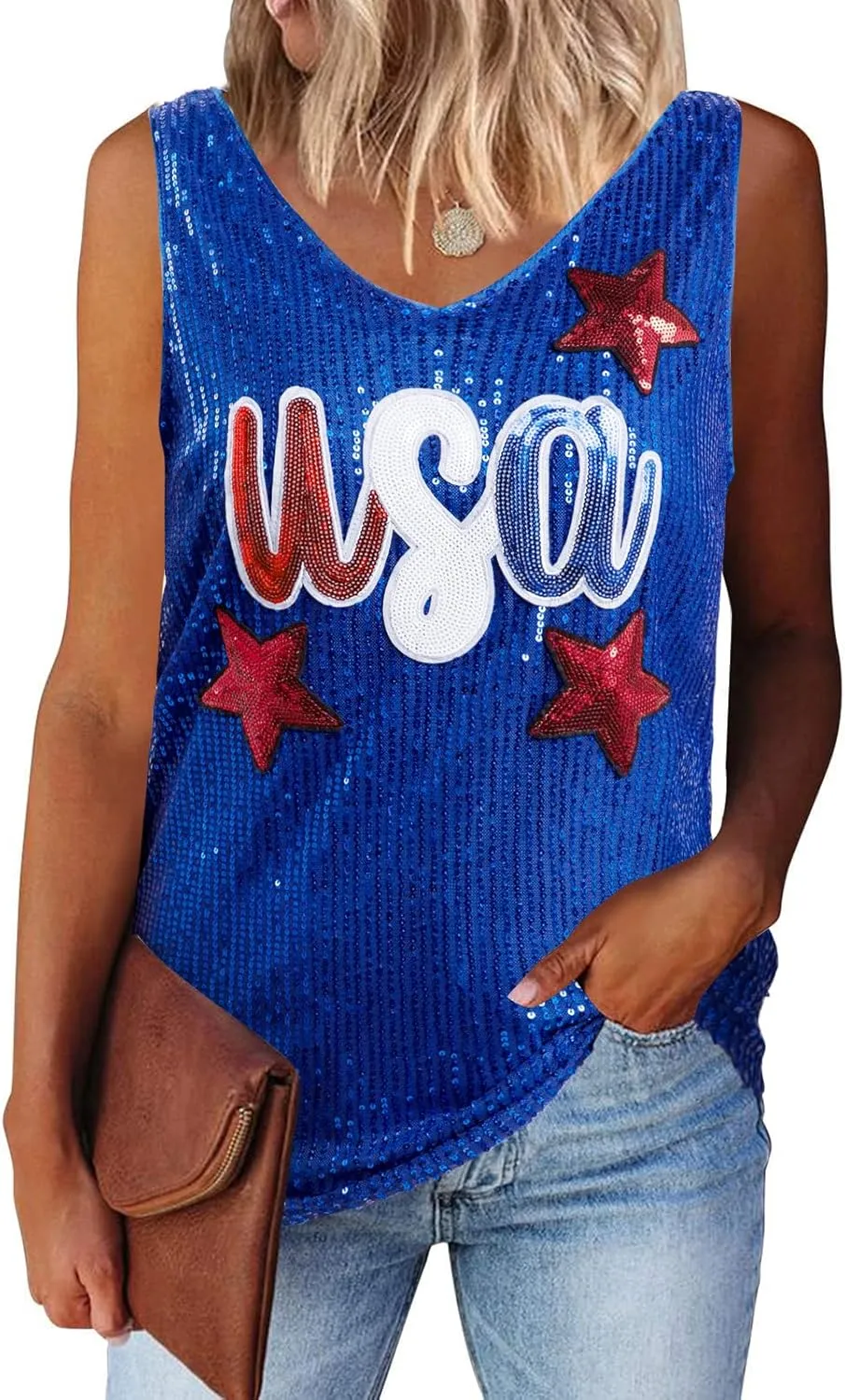 MNLYBABY USA Sequin Tank Top Woman 4th of July Shirts American Flag Sleeveless USA Stars Full Sequin Patriotic V Neck Vest