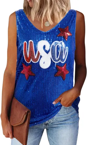 MNLYBABY USA Sequin Tank Top Woman 4th of July Shirts American Flag Sleeveless USA Stars Full Sequin Patriotic V Neck Vest
