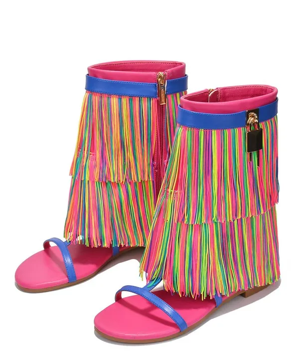 Multi Round, Open Toe Flat Sandal, With Fringe Detail