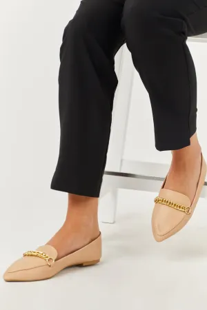Nude Faux Leather Pointed Toe Gold Chain Loafers
