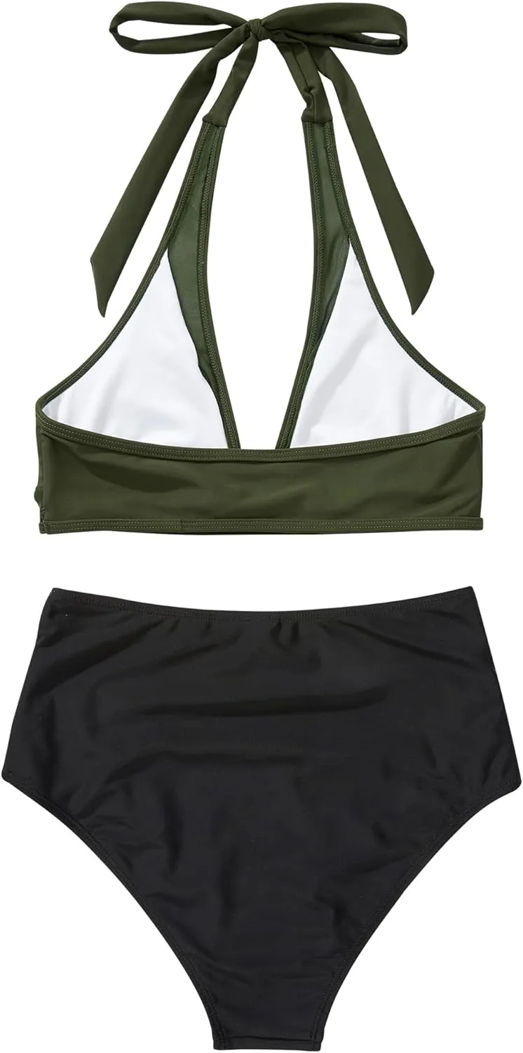 OMKAGI Women Mesh High Waisted Bikini Set Sexy V Neck Tummy Control Swimsuit Bathing Suit