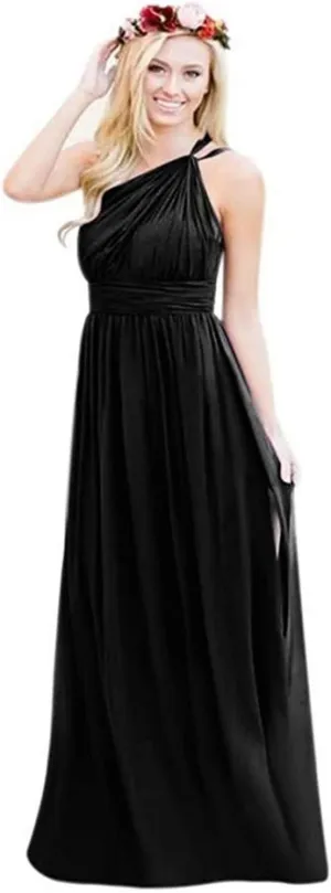 One Shoulder Bridesmaid Junior Dresses Chiffon Pleated Evening Gowns for WomenBlack US6