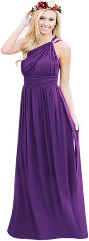 One Shoulder Bridesmaid Junior Dresses Chiffon Pleated Evening Gowns for WomenPurple US2