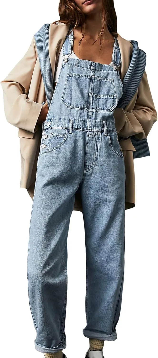 Owl's-Yard Women's Denim Overall Jumpsuits Adjustable Spaghetti Strap Wide Leg Romper Pants Summer Baggy Bib Overalls