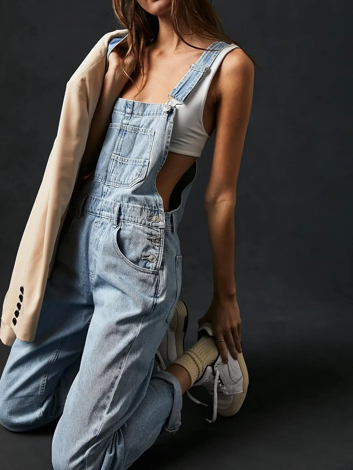 Owl's-Yard Women's Denim Overall Jumpsuits Adjustable Spaghetti Strap Wide Leg Romper Pants Summer Baggy Bib Overalls