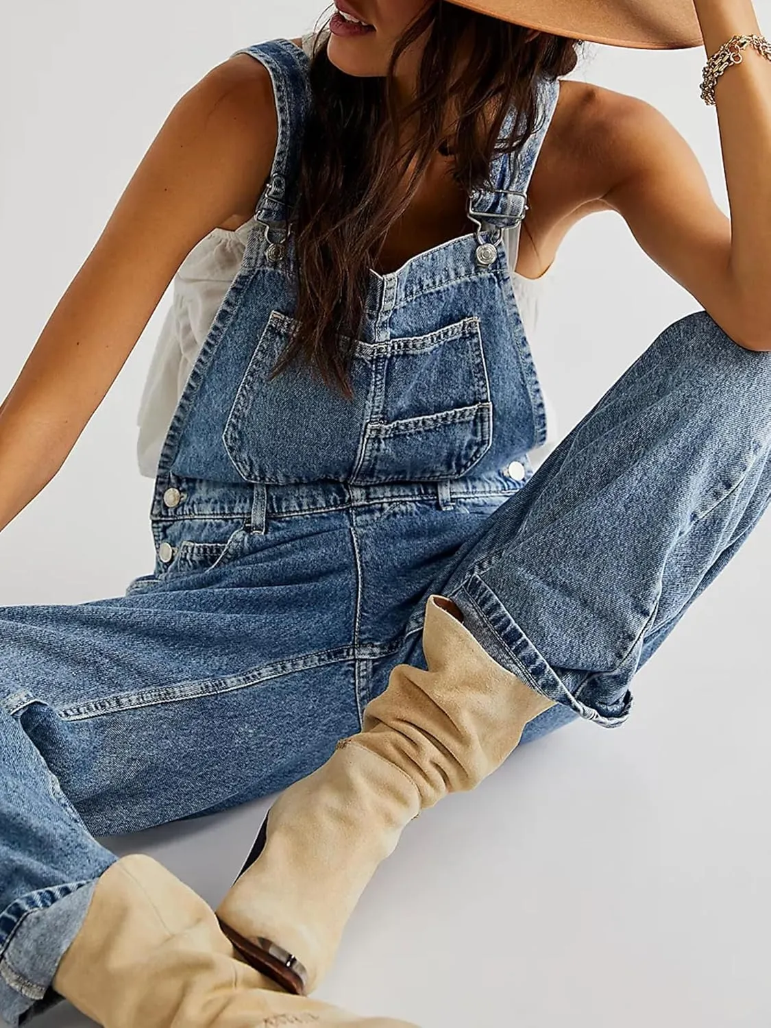 Owl's-Yard Women's Denim Overall Jumpsuits Adjustable Spaghetti Strap Wide Leg Romper Pants Summer Baggy Bib Overalls