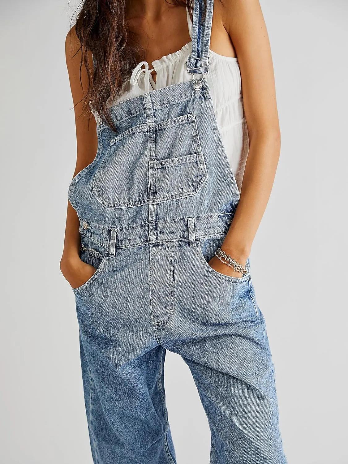 Owl's-Yard Women's Denim Overall Jumpsuits Adjustable Spaghetti Strap Wide Leg Romper Pants Summer Baggy Bib Overalls