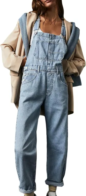 Owl's-Yard Women's Denim Overall Jumpsuits Adjustable Spaghetti Strap Wide Leg Romper Pants Summer Baggy Bib Overalls