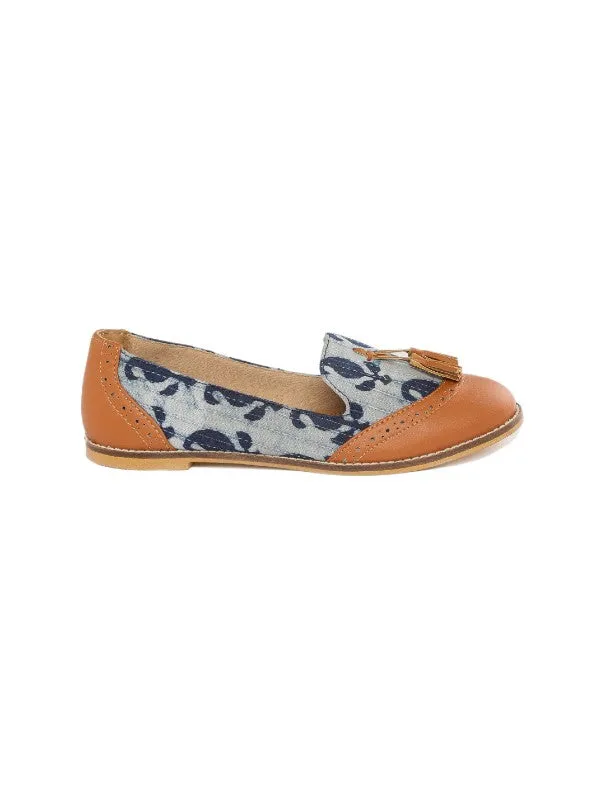 Paisley Tan Brown & Indigo Block Printed Tasselled Loafers