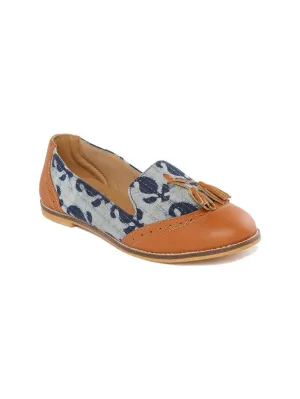 Paisley Tan Brown & Indigo Block Printed Tasselled Loafers