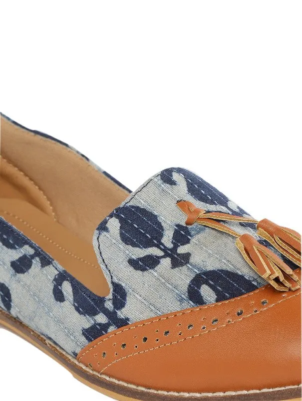 Paisley Tan Brown & Indigo Block Printed Tasselled Loafers