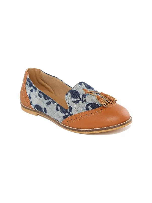 Paisley Tan Brown & Indigo Block Printed Tasselled Loafers