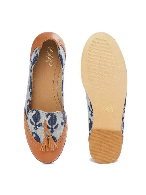 Paisley Tan Brown & Indigo Block Printed Tasselled Loafers