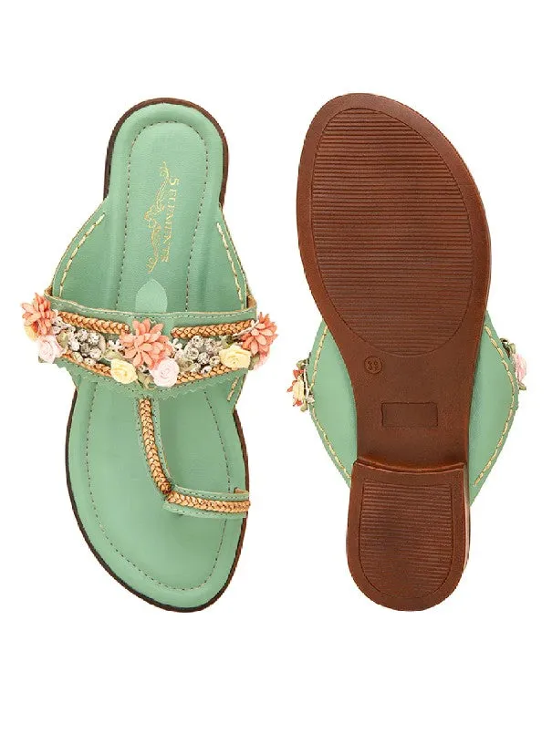 Paradise - Mint Floral Embroidered Kolhapuri Flats