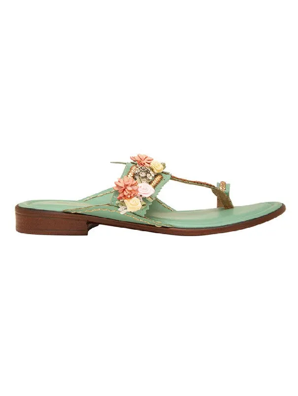 Paradise - Mint Floral Embroidered Kolhapuri Flats