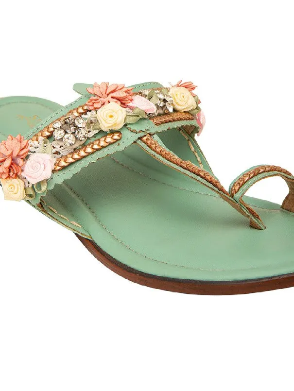 Paradise - Mint Floral Embroidered Kolhapuri Flats