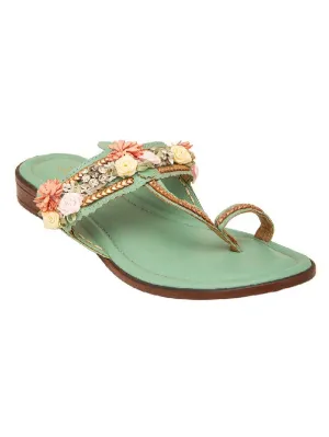 Paradise - Mint Floral Embroidered Kolhapuri Flats