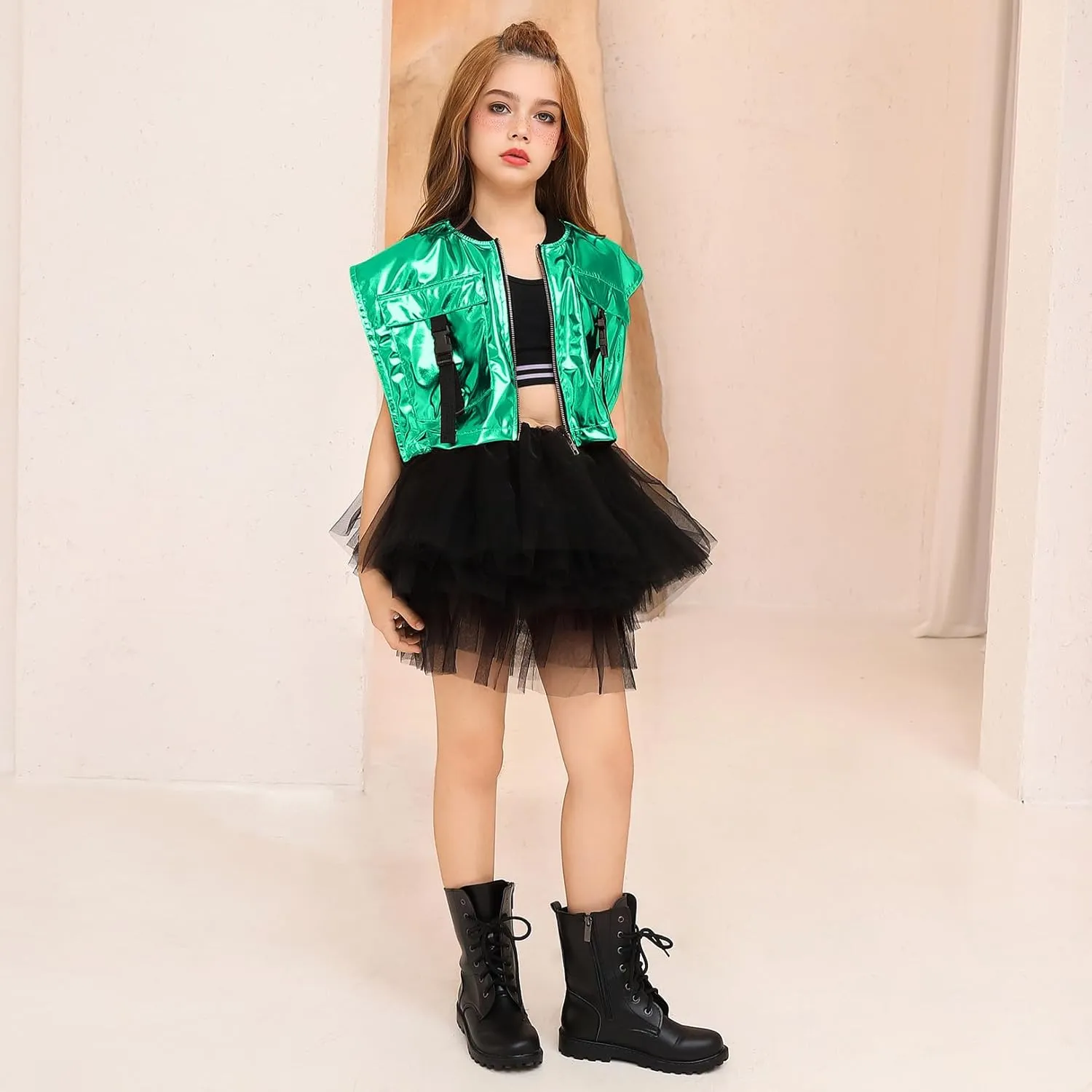 Perfashion Girls Vest Cropped Cargo Metallic Jacket Buckle Zip Up With Pockets Streetwear Outfit 4-13Y