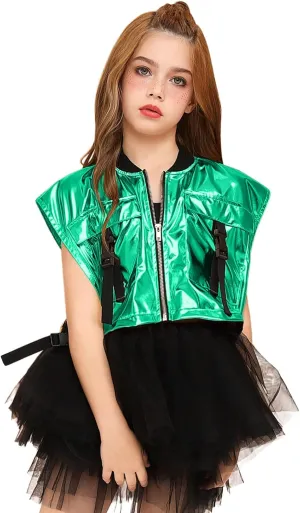 Perfashion Girls Vest Cropped Cargo Metallic Jacket Buckle Zip Up With Pockets Streetwear Outfit 4-13Y