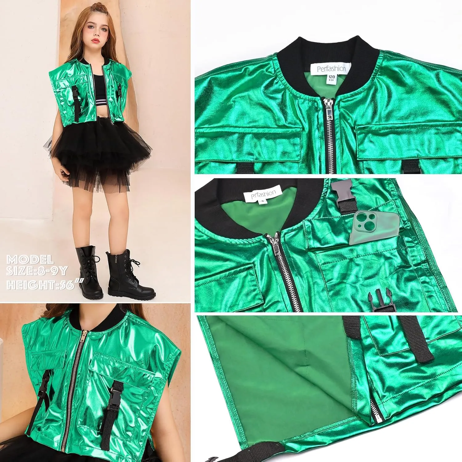 Perfashion Girls Vest Cropped Cargo Metallic Jacket Buckle Zip Up With Pockets Streetwear Outfit 4-13Y
