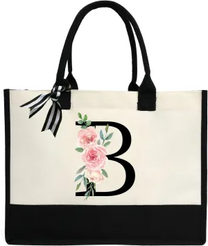 Personalized Initial Canvas Tote Bag for Women, Beach Bag with Inner Zipper Pocket for Wedding, Birthday, Holiday