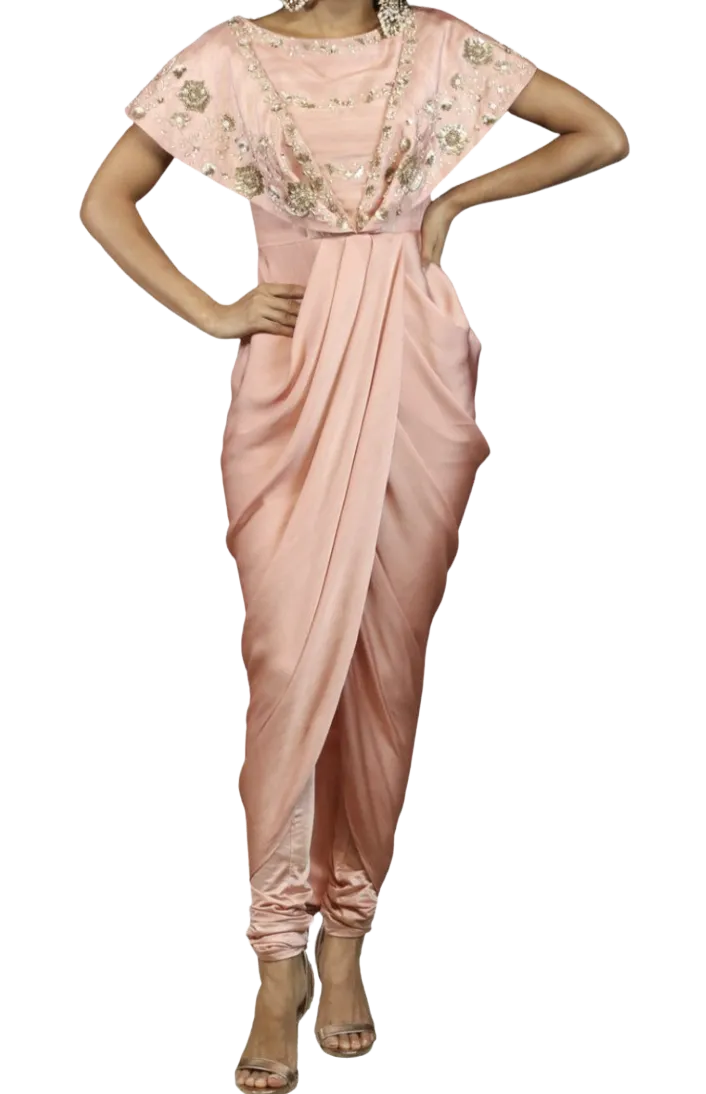 Pink Beaded Drape Gown Pant Set