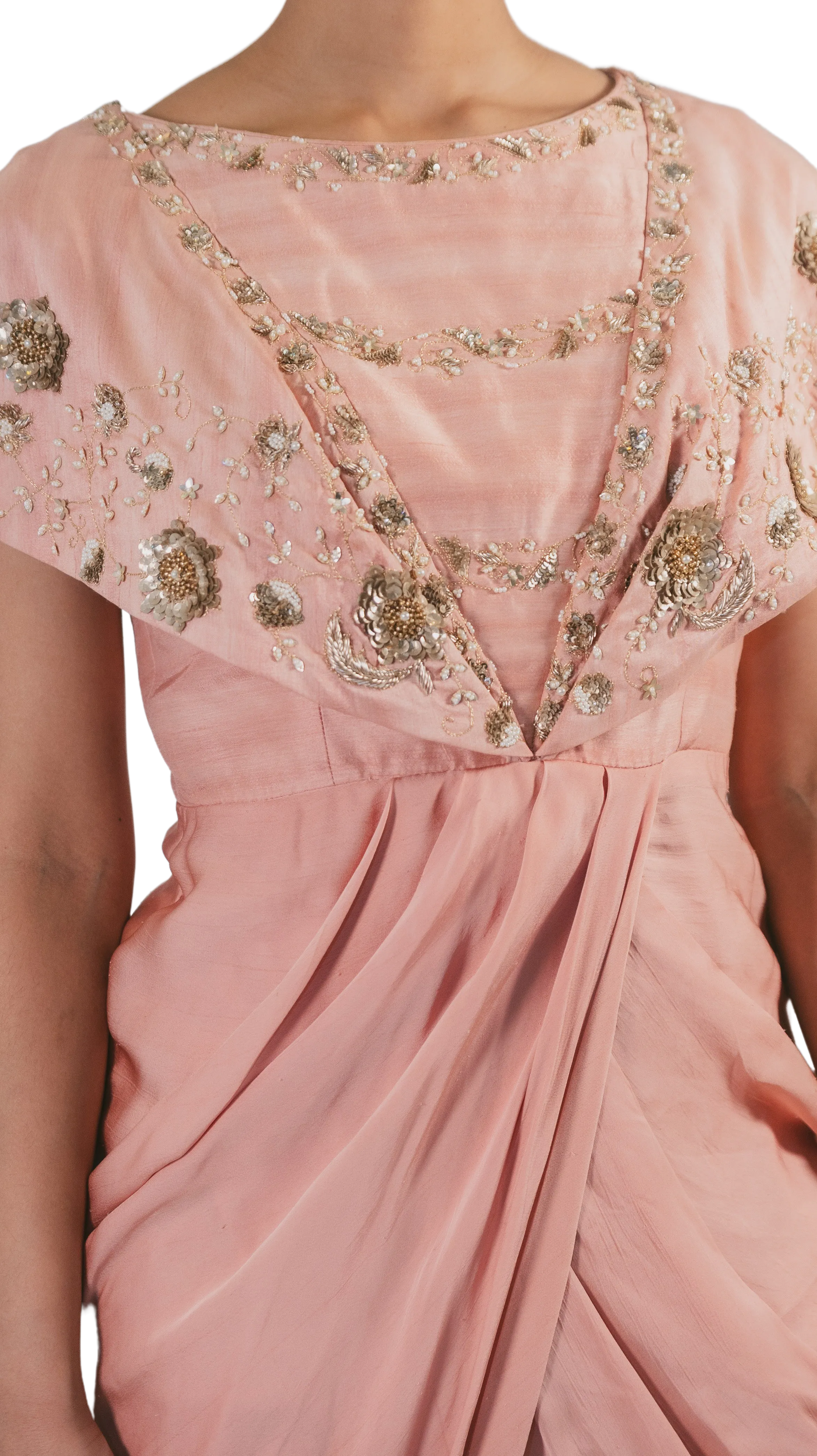 Pink Beaded Drape Gown Pant Set