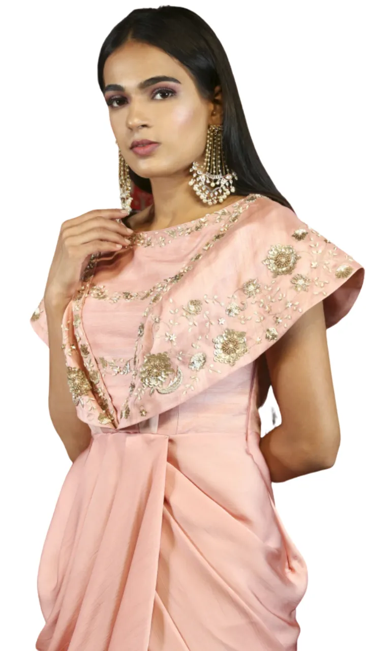 Pink Beaded Drape Gown Pant Set