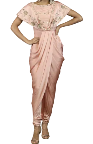 Pink Beaded Drape Gown Pant Set