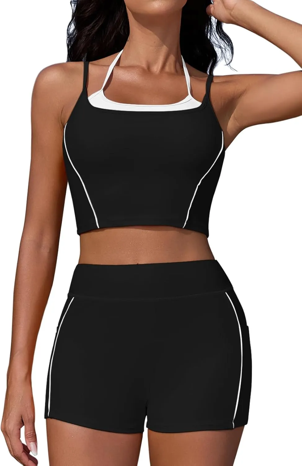 Pink Queen High Waisted Bikini Sets for Women Sporty Two Piece Swimsuits Color Block Bathing Suits 2025 with Pockets