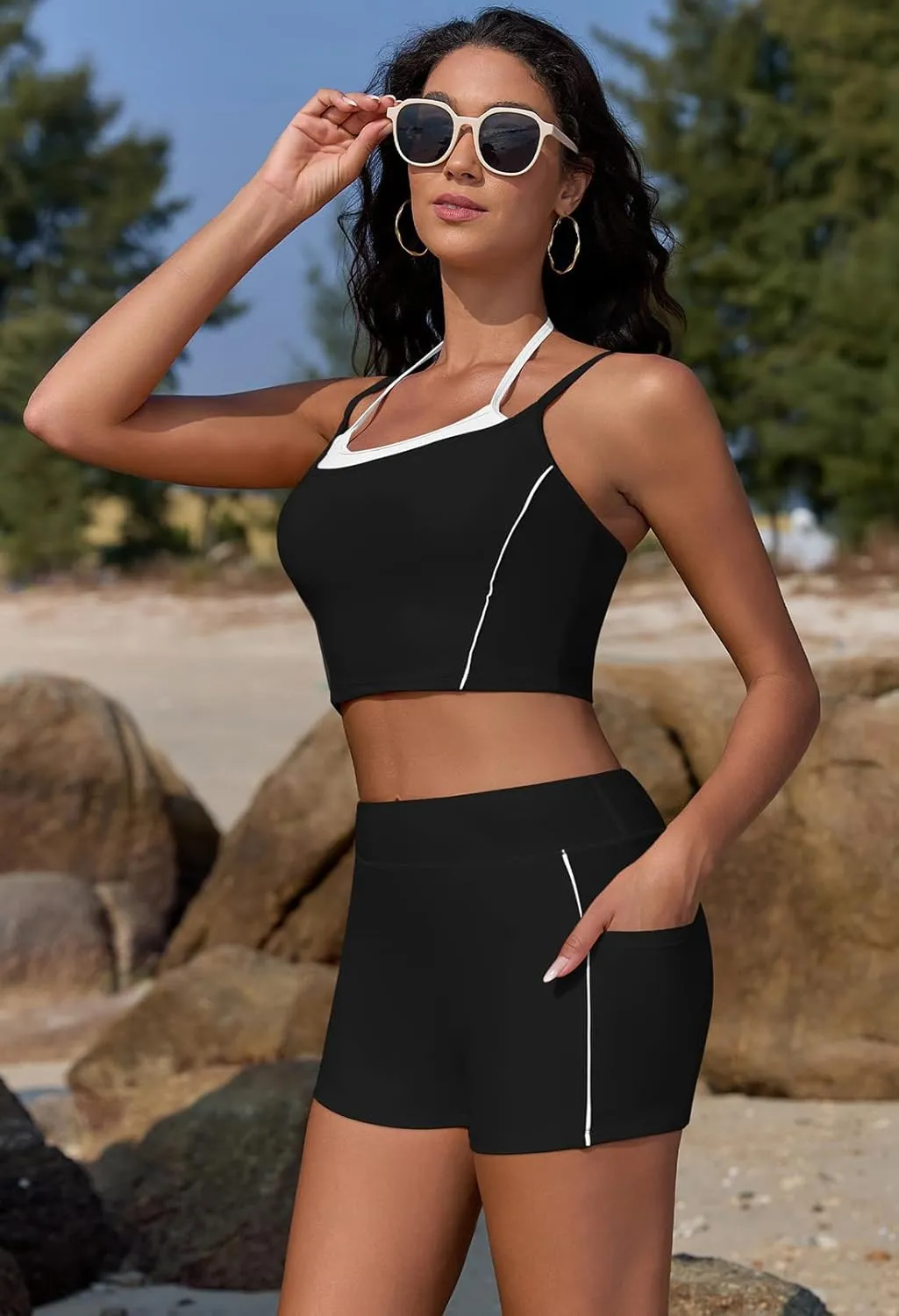 Pink Queen High Waisted Bikini Sets for Women Sporty Two Piece Swimsuits Color Block Bathing Suits 2025 with Pockets