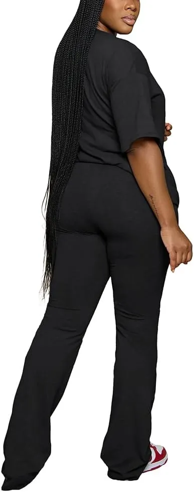 PINSV Women 2 Piece Outfits Short Sleeve Top and Flare Pants Lounge Sets Tracksuit