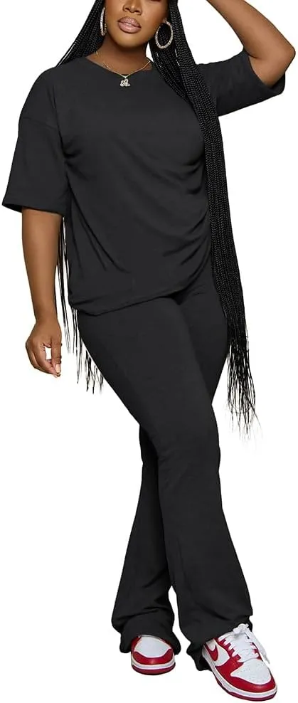 PINSV Women 2 Piece Outfits Short Sleeve Top and Flare Pants Lounge Sets Tracksuit