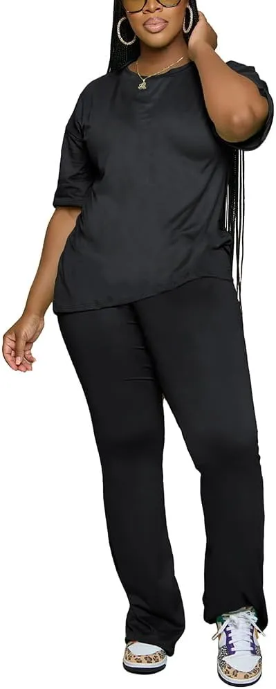 PINSV Women 2 Piece Outfits Short Sleeve Top and Flare Pants Lounge Sets Tracksuit