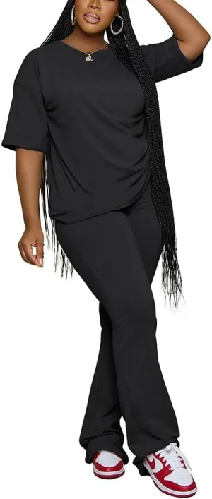 PINSV Women 2 Piece Outfits Short Sleeve Top and Flare Pants Lounge Sets Tracksuit