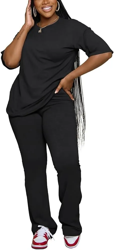 PINSV Women 2 Piece Outfits Short Sleeve Top and Flare Pants Lounge Sets Tracksuit