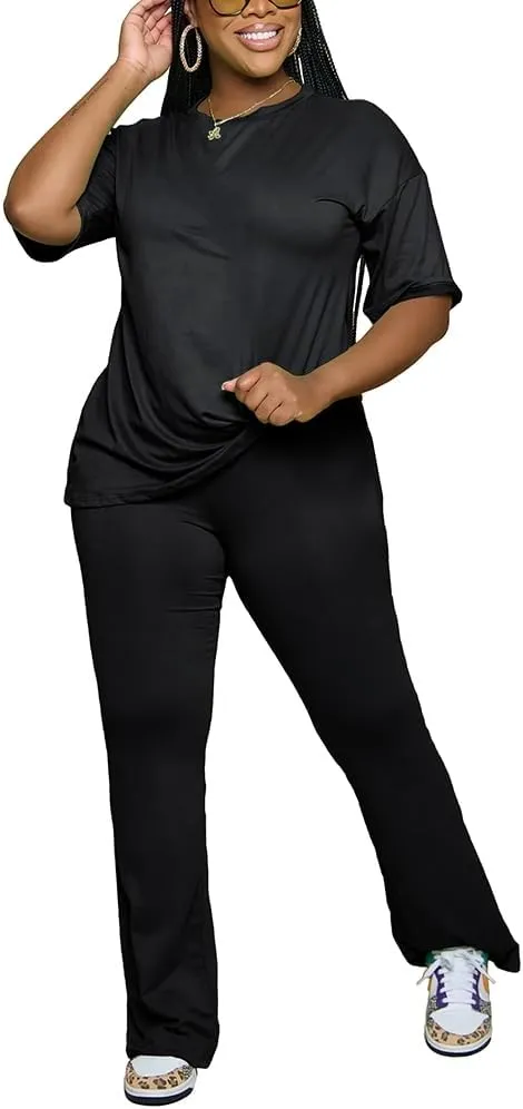 PINSV Women 2 Piece Outfits Short Sleeve Top and Flare Pants Lounge Sets Tracksuit