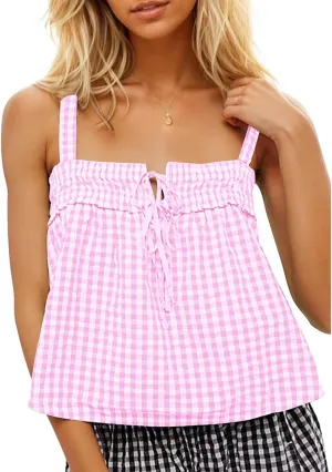 Plaid Cami Top for Women Y2K Tie Front Square Neck Camisole Summer Sleeveless Gingham Cropped Vest Cute Cami Shirt
