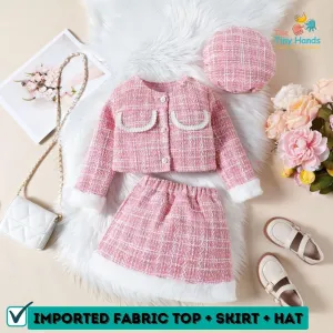 Plaid Pink Blazer Skirt Set with Round Hat