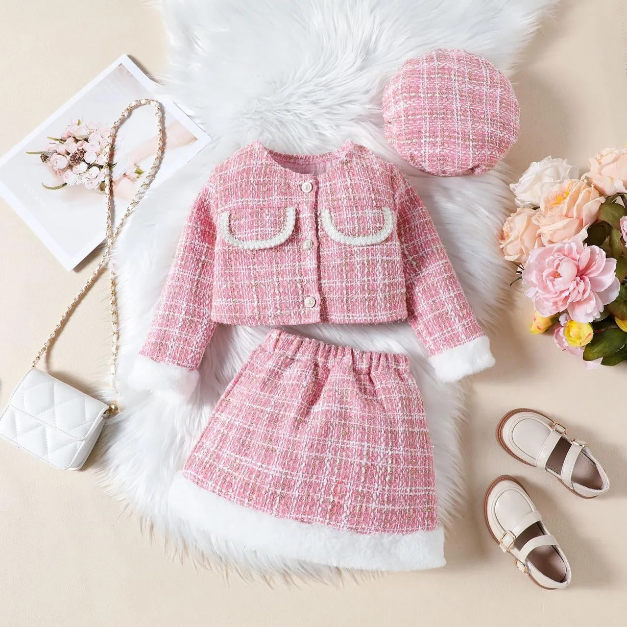 Plaid Pink Blazer Skirt Set with Round Hat