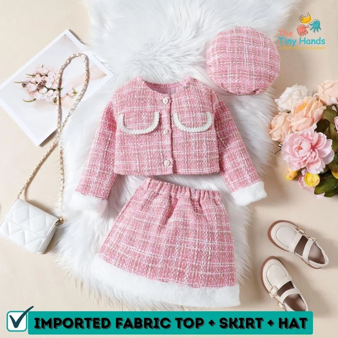 Plaid Pink Blazer Skirt Set with Round Hat