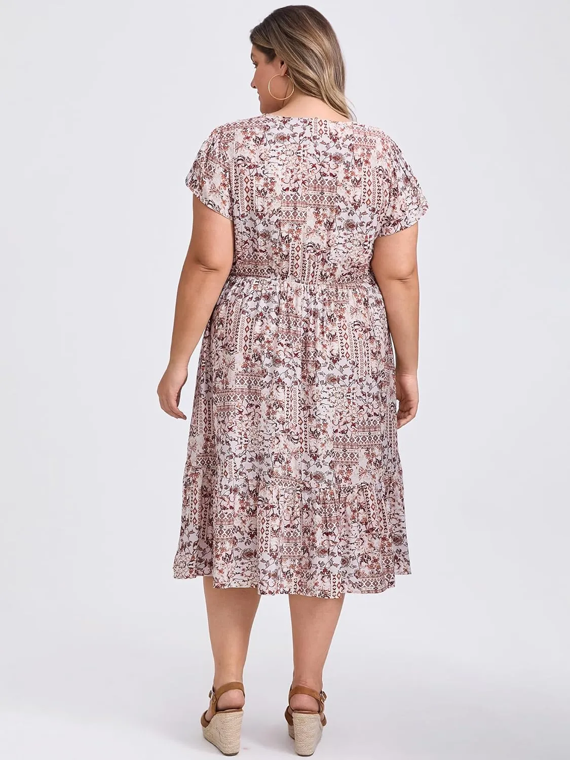 Plus Size Dress for Women Boho Floral Print V Neck Cap Sleeve A Line Flowy Midi Dresses with Pockets