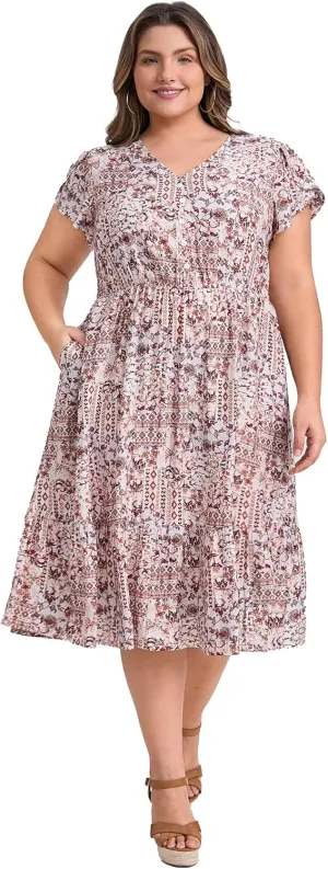 Plus Size Dress for Women Boho Floral Print V Neck Cap Sleeve A Line Flowy Midi Dresses with Pockets