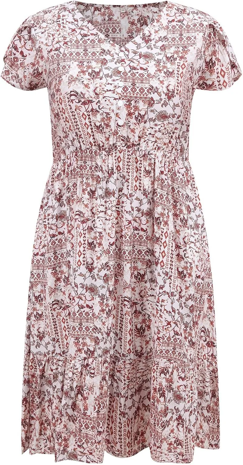 Plus Size Dress for Women Boho Floral Print V Neck Cap Sleeve A Line Flowy Midi Dresses with Pockets
