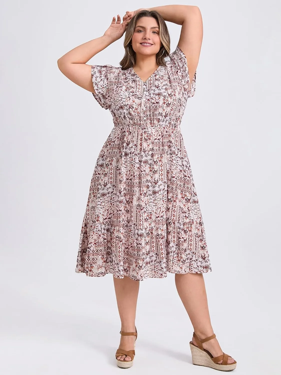 Plus Size Dress for Women Boho Floral Print V Neck Cap Sleeve A Line Flowy Midi Dresses with Pockets