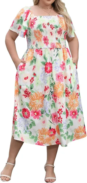 Plus Size Floral Maxi Dress for Curvy Women Boho Smocked Casual Wedding Guest Flutter Sleeves with Pockets ELG005